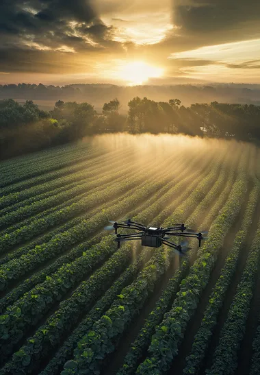 A drone with six rotors, each carrying two boxes of spraying equipment and flying over the vegetable field at sunrise. The photo was taken from an aerial perspective, showcasing vast fields covered in green vegetables. In front is a black robot figure using sunlight to spray onto leaves on the crops. Captured with a Sony A7 III camera and Zeiss Batis lens, 85mm focal length. High-resolution photography, ultra-realistic rendering details, natural lighting, HDR.