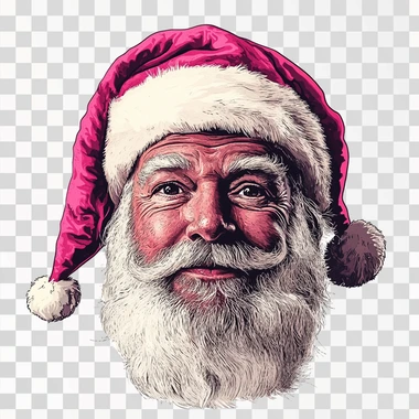 cartoon santa, face only, wearing a hot pink coloured santa hat, plain white background