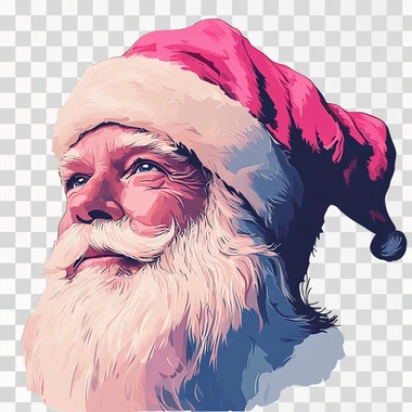 cartoon santa, face only, wearing a hot pink coloured santa hat, plain white background