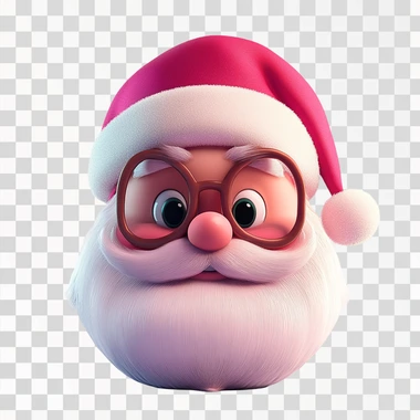 cartoon santa, face only, wearing a hot pink coloured santa hat, plain white background