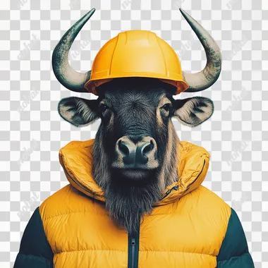 anthropomorphic [old angry wildebeest wearing hard hat and puffer vest], minimalistic design, minimal details, film still from Wes Anderson, photograph, photoreal, 200mm, HD, f/2.0, highly detailed, accurate, [turquoise] background