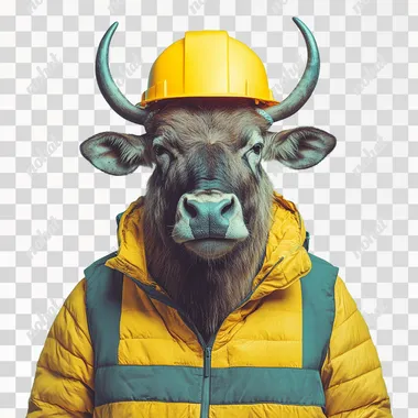 anthropomorphic [old angry wildebeest wearing hard hat and puffer vest], minimalistic design, minimal details, film still from Wes Anderson, photograph, photoreal, 200mm, HD, f/2.0, highly detailed, accurate, [turquoise] background