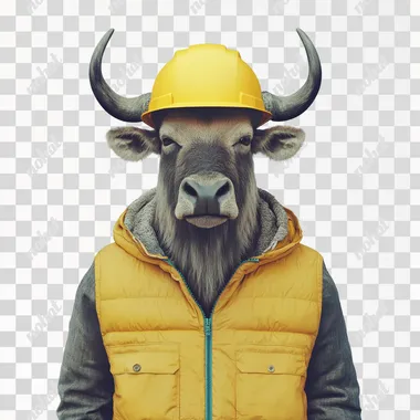 anthropomorphic [old angry wildebeest wearing hard hat and puffer vest], minimalistic design, minimal details, film still from Wes Anderson, photograph, photoreal, 200mm, HD, f/2.0, highly detailed, accurate, [turquoise] background
