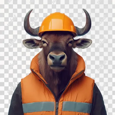 anthropomorphic [old angry wildebeest wearing hard hat and puffer vest], minimalistic design, minimal details, film still from Wes Anderson, photograph, photoreal, 200mm, HD, f/2.0, highly detailed, accurate, [turquoise] background