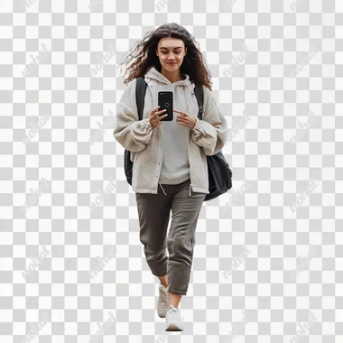 A Mediterranean woman walking while she is looking directly at her phone to use face recognition, white background