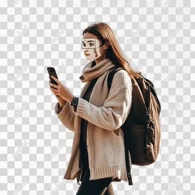 A Mediterranean woman walking while she is looking directly at her phone to use face recognition, white background
