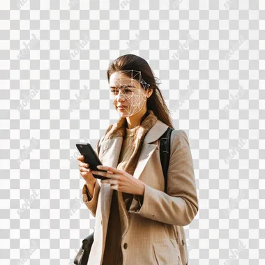 A Mediterranean woman walking while she is looking directly at her phone to use face recognition, white background