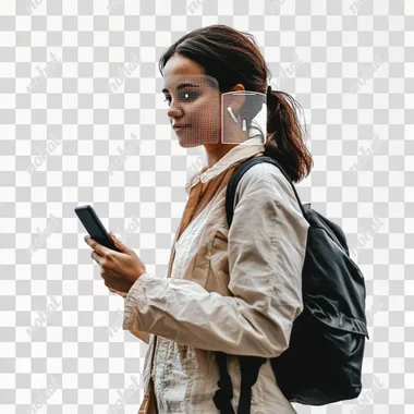 A Mediterranean woman walking while she is looking directly at her phone to use face recognition, white background