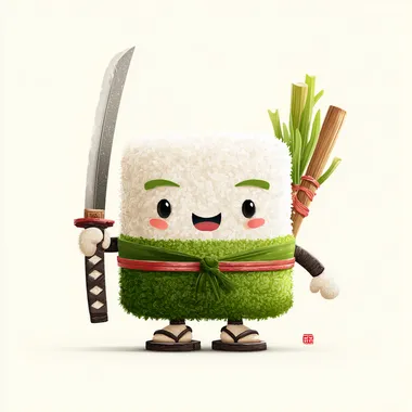 cute funny sushi character illustration, anthropomorphic rice ball with happy human face, holding a katana sword, wearing traditional samurai sandals, seaweed belt and back bamboo sticks, cartoon vector style, 3D style, clean bold lines, minimal color palette, white background