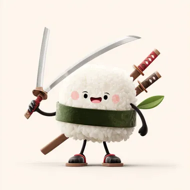 cute funny sushi character illustration, anthropomorphic rice ball with happy human face, holding a katana sword, wearing traditional samurai sandals, seaweed belt and back bamboo sticks, cartoon vector style, 3D style, clean bold lines, minimal color palette, white background