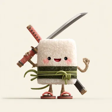 cute funny sushi character illustration, anthropomorphic rice ball with happy human face, holding a katana sword, wearing traditional samurai sandals, seaweed belt and back bamboo sticks, cartoon vector style, 3D style, clean bold lines, minimal color palette, white background