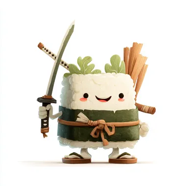 cute funny sushi character illustration, anthropomorphic rice ball with happy human face, holding a katana sword, wearing traditional samurai sandals, seaweed belt and back bamboo sticks, cartoon vector style, 3D style, clean bold lines, minimal color palette, white background