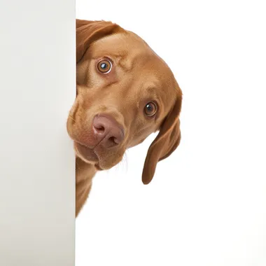 ginger coloured Labrador, peeking around a wall, looking shocked. White background