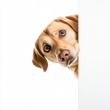 ginger coloured Labrador, peeking around a wall, looking shocked. White background