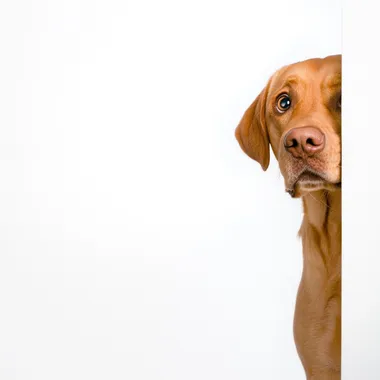 ginger coloured Labrador, peeking around a wall, looking shocked. White background