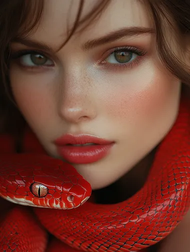 A beautiful woman and a red snake took a photo, red background, award-winning photography   --s 750