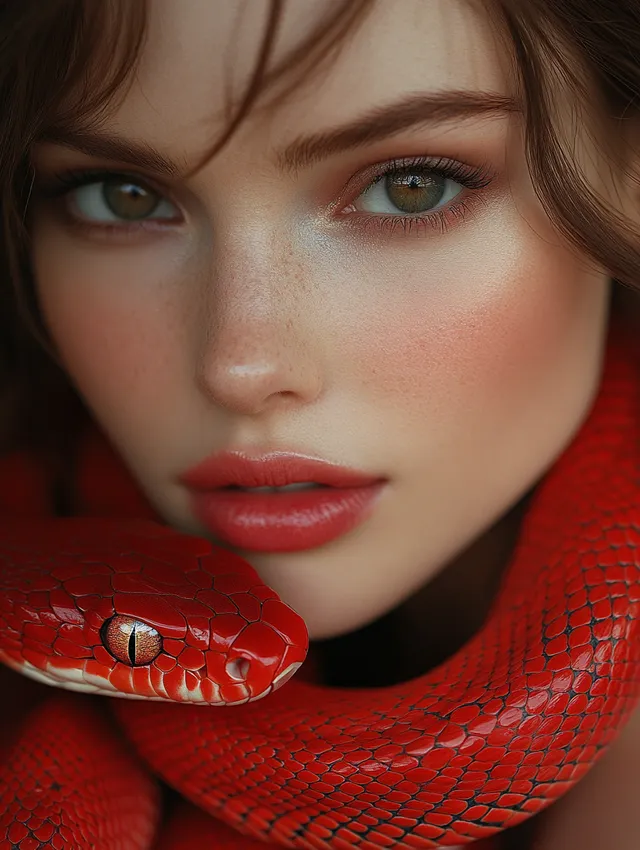 Beautiful Woman with Red Snake in Stunning Red Background Photo