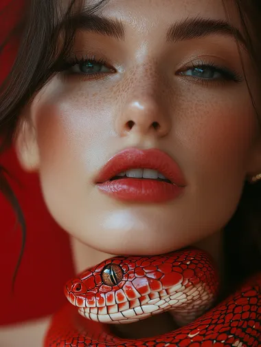 A beautiful woman and a red snake took a photo, red background, award-winning photography   --s 750