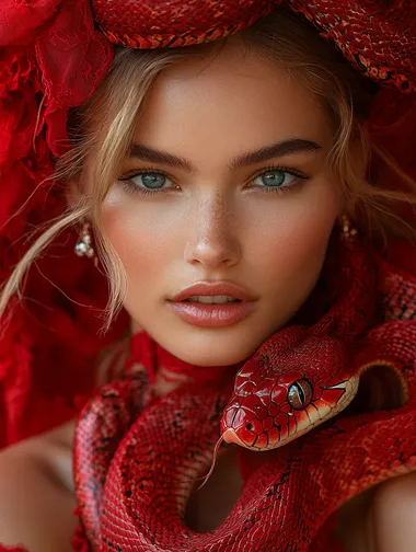 A beautiful woman and a red snake took a photo, red background, award-winning photography   --s 750