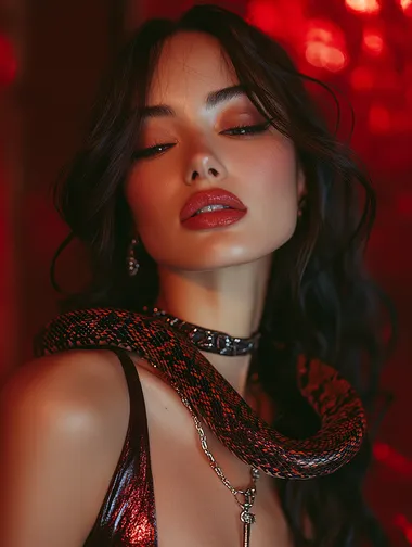 A beautiful woman and a red snake took a photo, red background, award-winning photography   --s 750