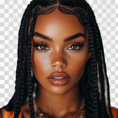 tunning black women with long medium black knotless braids black hair long full eyelashes beautiful brown eyes high cheek bones, full face, colorful clothing, glam up, professional photoshoot, bright lighting, 50mm face shot, professional hair, photoshoot baby hairs, white background