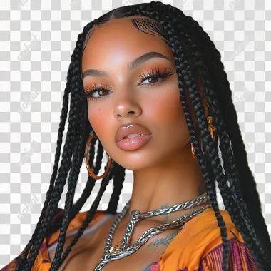 tunning black women with long medium black knotless braids black hair long full eyelashes beautiful brown eyes high cheek bones, full face, colorful clothing, glam up, professional photoshoot, bright lighting, 50mm face shot, professional hair, photoshoot baby hairs, white background