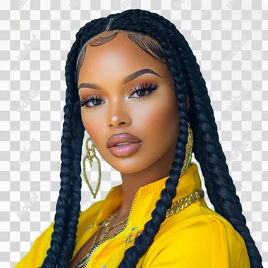 tunning black women with long medium black knotless braids black hair long full eyelashes beautiful brown eyes high cheek bones, full face, colorful clothing, glam up, professional photoshoot, bright lighting, 50mm face shot, professional hair, photoshoot baby hairs, white background