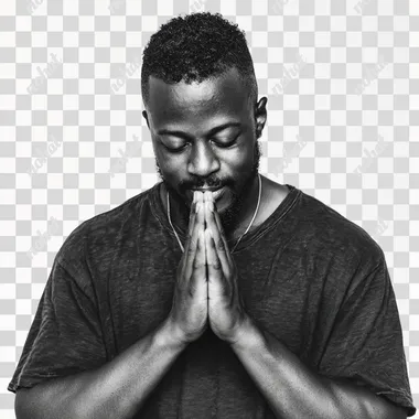 A Black man in a casual outfit with hands in prayer position and a grateful expression, white background, minimal, high resolution, sharp focus, simple, high contrast