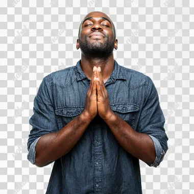 A Black man in a casual outfit with hands in prayer position and a grateful expression, white background, minimal, high resolution, sharp focus, simple, high contrast