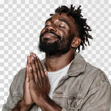A Black man in a casual outfit with hands in prayer position and a grateful expression, white background, minimal, high resolution, sharp focus, simple, high contrast