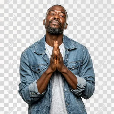 A Black man in a casual outfit with hands in prayer position and a grateful expression, white background, minimal, high resolution, sharp focus, simple, high contrast