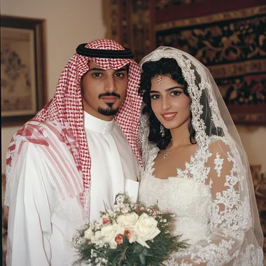 A Saudi groom and his beautiful bride on their wedding day in the 1990s. The groom wears a white thobe, and a red and white checkered ghutra (headdress) held in place by a black headband. The beautiful bride wears an elegant 80s-style wedding dress with puff sleeves, intricate lace details, and a modest neckline. Her hair was styled in thick curls, partially covered by a delicate lace-trimmed veil. She holds a bouquet of fresh flowers in her hands. The background shows the interior of a traditional Saudi home dating back to the 1980s, with ornate furniture, patterned rugs, and traditional Middle Eastern decor. The couple stands closely together, smiling warmly, reflecting their h
