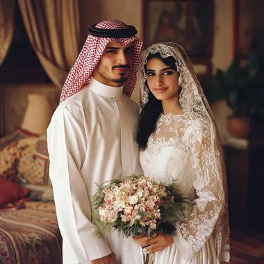 A Saudi groom and his beautiful bride on their wedding day in the 1990s. The groom wears a white thobe, and a red and white checkered ghutra (headdress) held in place by a black headband. The beautiful bride wears an elegant 80s-style wedding dress with puff sleeves, intricate lace details, and a modest neckline. Her hair was styled in thick curls, partially covered by a delicate lace-trimmed veil. She holds a bouquet of fresh flowers in her hands. The background shows the interior of a traditional Saudi home dating back to the 1980s, with ornate furniture, patterned rugs, and traditional Middle Eastern decor. The couple stands closely together, smiling warmly, reflecting their h