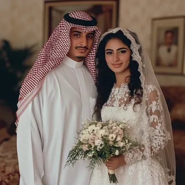 A Saudi groom and his beautiful bride on their wedding day in the 1990s. The groom wears a white thobe, and a red and white checkered ghutra (headdress) held in place by a black headband. The beautiful bride wears an elegant 80s-style wedding dress with puff sleeves, intricate lace details, and a modest neckline. Her hair was styled in thick curls, partially covered by a delicate lace-trimmed veil. She holds a bouquet of fresh flowers in her hands. The background shows the interior of a traditional Saudi home dating back to the 1980s, with ornate furniture, patterned rugs, and traditional Middle Eastern decor. The couple stands closely together, smiling warmly, reflecting their h