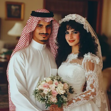 A Saudi groom and his beautiful bride on their wedding day in the 1990s. The groom wears a white thobe, and a red and white checkered ghutra (headdress) held in place by a black headband. The beautiful bride wears an elegant 80s-style wedding dress with puff sleeves, intricate lace details, and a modest neckline. Her hair was styled in thick curls, partially covered by a delicate lace-trimmed veil. She holds a bouquet of fresh flowers in her hands. The background shows the interior of a traditional Saudi home dating back to the 1980s, with ornate furniture, patterned rugs, and traditional Middle Eastern decor. The couple stands closely together, smiling warmly, reflecting their h