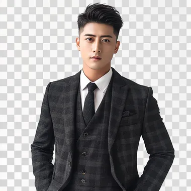 A handsome Chinese male protagonist, aged 23, with an oval face and a height of 180 meters, dressed in a high-end suit, with a full body photo and a pure white background, f/1.2. C30