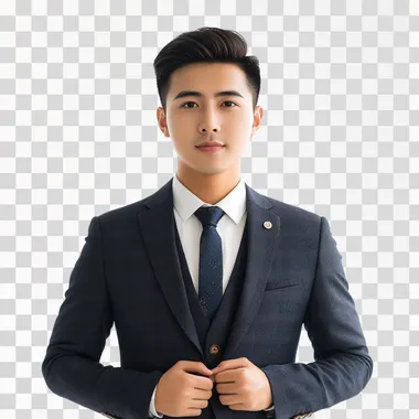 A handsome Chinese male protagonist, aged 23, with an oval face and a height of 180 meters, dressed in a high-end suit, with a full body photo and a pure white background, f/1.2. C30