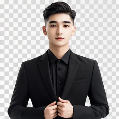 A handsome Chinese male protagonist, aged 23, with an oval face and a height of 180 meters, dressed in a high-end suit, with a full body photo and a pure white background, f/1.2. C30