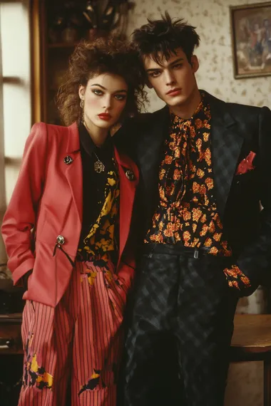 vintage photo of An iconic 1980s couple, wearing bold and fashionable retro outfits. The scene captures the glamorous and rebellious vibe of the era.