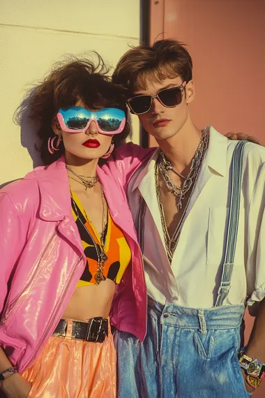 vintage photo of An iconic 1980s couple, wearing bold and fashionable retro outfits. The scene captures the glamorous and rebellious vibe of the era.
