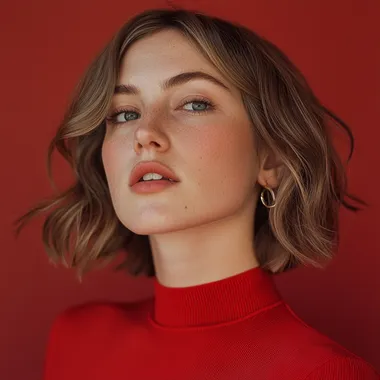 editorial portrait of a stylish australian women head tilts showing ear camera shot wearing red top Pedro Almodovar style