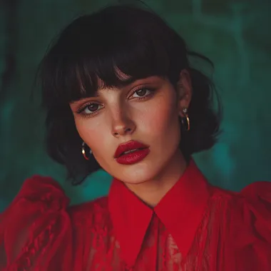 editorial portrait of a stylish australian women head tilts showing ear camera shot wearing red top Pedro Almodovar style