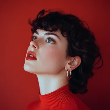 editorial portrait of a stylish australian women head tilts showing ear camera shot wearing red top Pedro Almodovar style