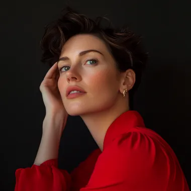 editorial portrait of a stylish australian women head tilts showing ear camera shot wearing red top Pedro Almodovar style