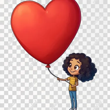 3D shaped [child with curly hair and a joyful expression holding a large balloon in the shape of a heart] with blank space above, watercolor illustration rendered in surreal style with high resolution, high definition and high quality. Bright colors, white background, ultra detail, surreal  1858510040