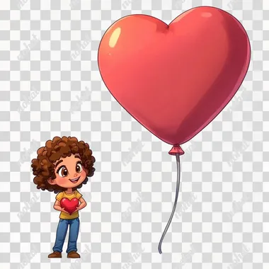 3D shaped [child with curly hair and a joyful expression holding a large balloon in the shape of a heart] with blank space above, watercolor illustration rendered in surreal style with high resolution, high definition and high quality. Bright colors, white background, ultra detail, surreal  1858510040