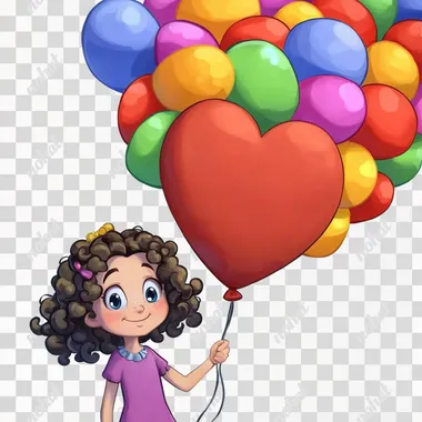 3D shaped [child with curly hair and a joyful expression holding a large balloon in the shape of a heart] with blank space above, watercolor illustration rendered in surreal style with high resolution, high definition and high quality. Bright colors, white background, ultra detail, surreal  1858510040