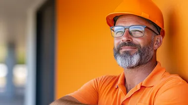 professional photo with text space of a mining engineer examining a mine map, plain orange background,   rofile kudgvnf