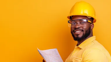 professional photo with text space of a mining engineer examining a mine map, plain orange background,   rofile kudgvnf