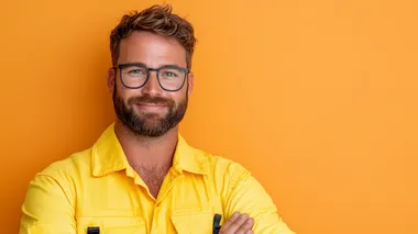 professional photo with text space of a mining engineer examining a mine map, plain orange background,   rofile kudgvnf